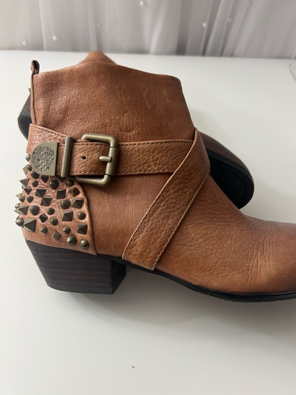 Vince Camuto Cognac Studded Ankle Bootie with Buckle